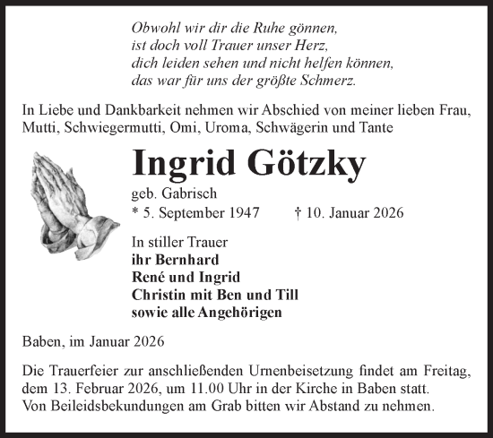 Traueranzeige von Ingrid Götzky von Volksstimme Altmark Ost