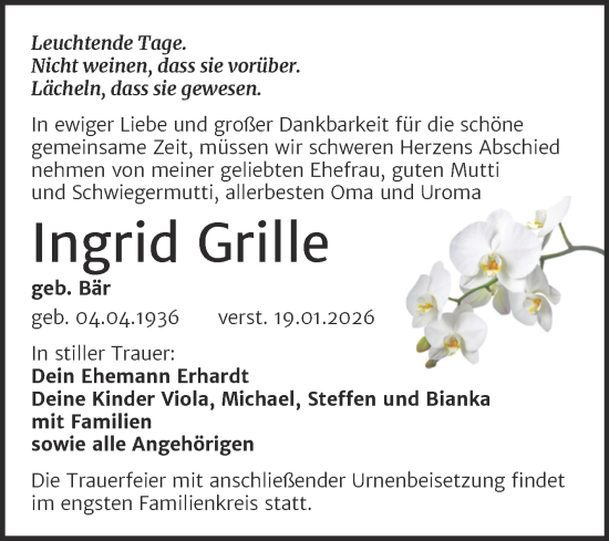 Traueranzeige von Ingrid Grille von Trauerkombi Weißenfels