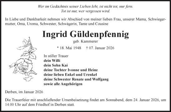Traueranzeige von Ingrid Güldenpfennig von Volksstimme Burg/Genthin