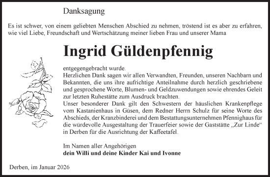 Traueranzeige von Ingrid Güldenpfennig von Volksstimme Burg/Genthin