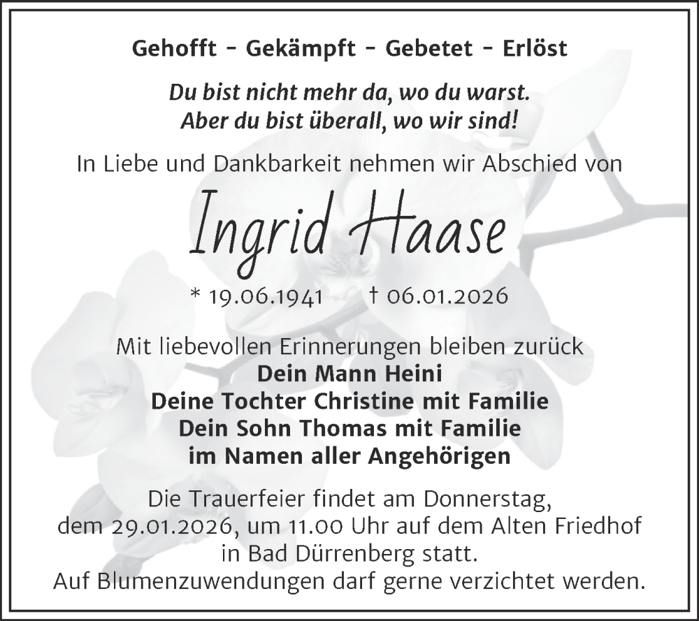  Traueranzeige für Ingrid Haase vom 17.01.2026 aus Trauerkombi Merseburg