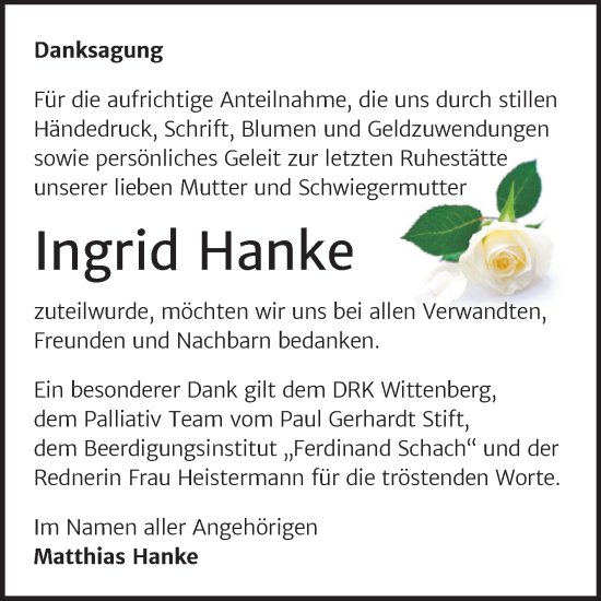 Traueranzeige von Ingrid Hanke von Trauerkombi Wittenberg