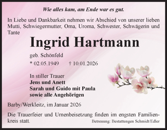 Traueranzeige von Ingrid Hartmann von Volksstimme Schönebeck