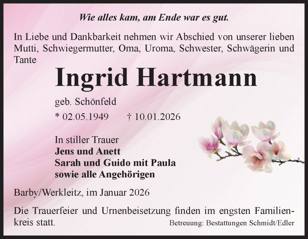  Traueranzeige für Ingrid Hartmann vom 17.01.2026 aus Volksstimme Schönebeck
