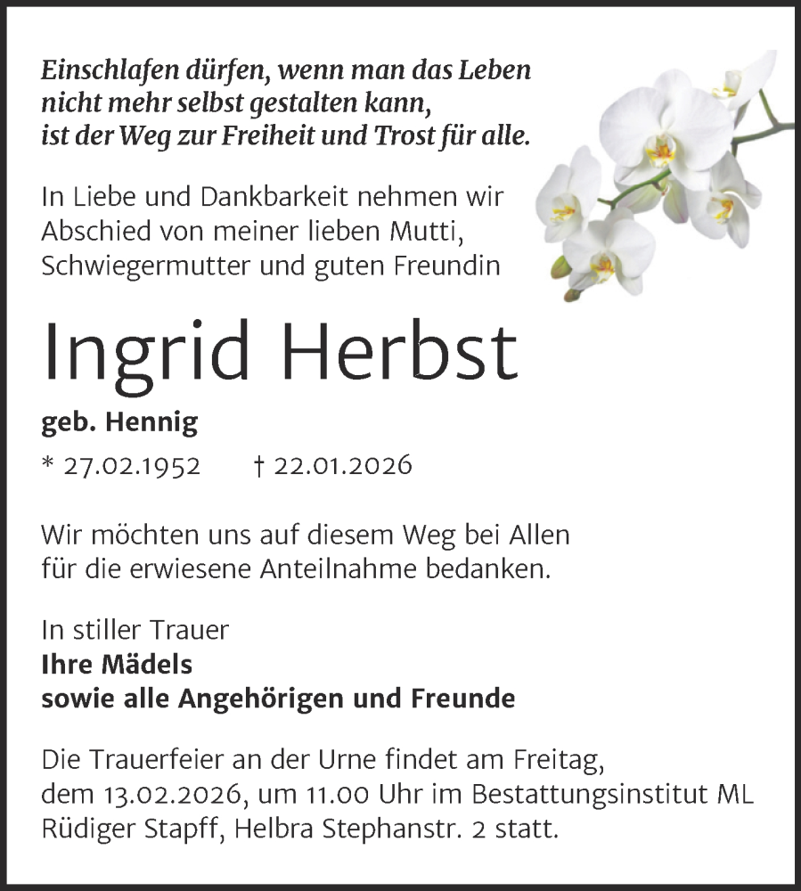  Traueranzeige für Ingrid Herbst vom 31.01.2026 aus Trauerkombi Mansfelder Land