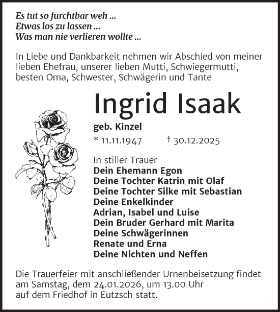 Traueranzeige von Ingrid Isaak von Trauerkombi Wittenberg