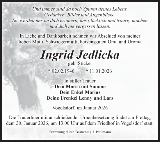 Traueranzeige von Ingrid Jedlicka von Volksstimme Halberstadt