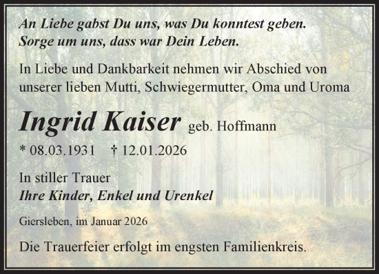 Traueranzeige von Ingrid Kaiser von Trauerkombi Aschersleben