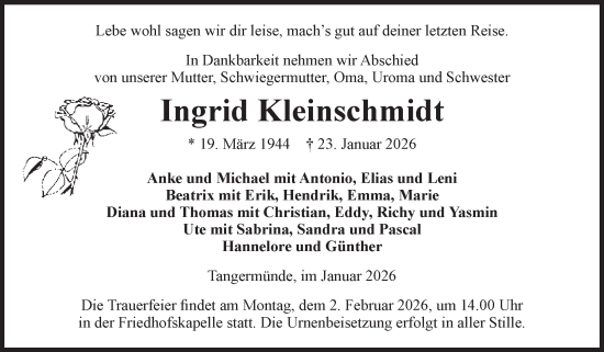Traueranzeige von Ingrid Kleinschmidt von Volksstimme Altmark Ost
