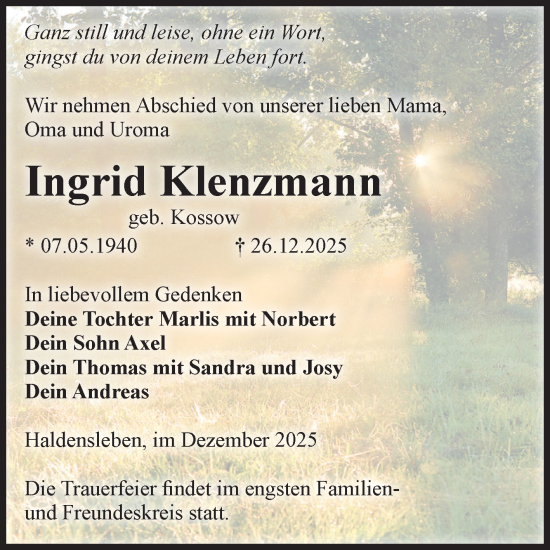 Traueranzeige von Ingrid Klenzmann von Volksstimme Haldensleben/Wolmirstedt