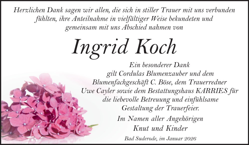  Traueranzeige für Ingrid Koch vom 31.01.2026 aus Trauerkombi Quedlinburg