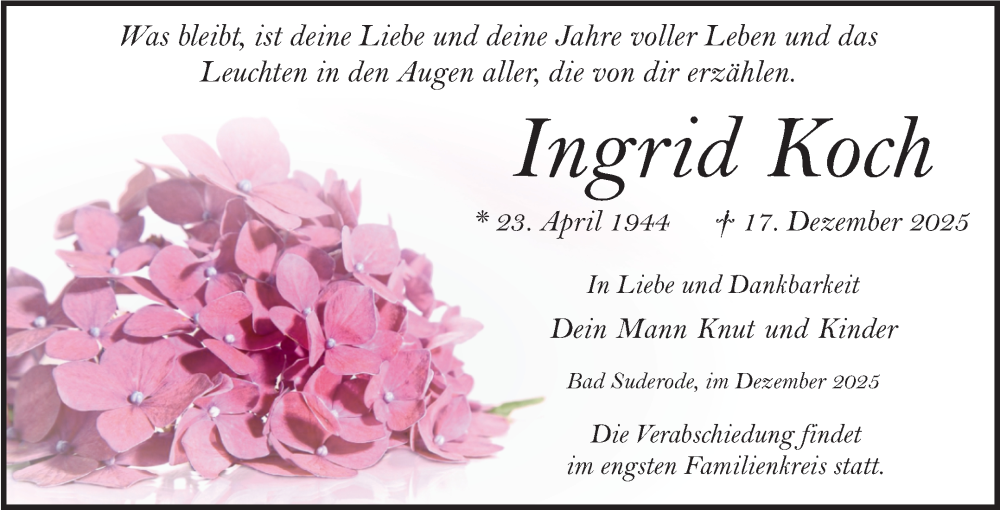  Traueranzeige für Ingrid Koch vom 03.01.2026 aus Trauerkombi Quedlinburg