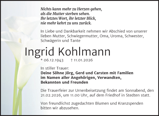 Traueranzeige von Ingrid Kohlmann von Trauerkombi Mansfelder Land