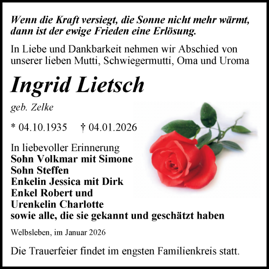 Traueranzeige von Ingrid Lietsch von Trauerkombi Mansfelder Land