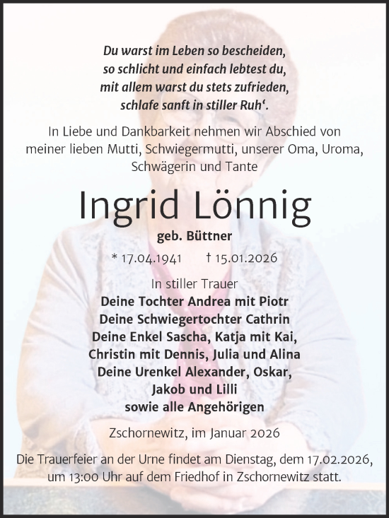Traueranzeige von Ingrid Lönnig von Trauerkombi Wittenberg