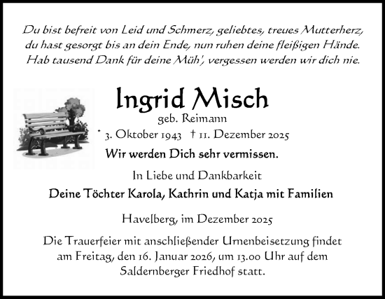 Traueranzeige von Ingrid Misch von Volksstimme Altmark Ost