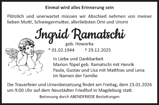 Traueranzeige von Ingrid Ramatschi von Volksstimme Magdeburg