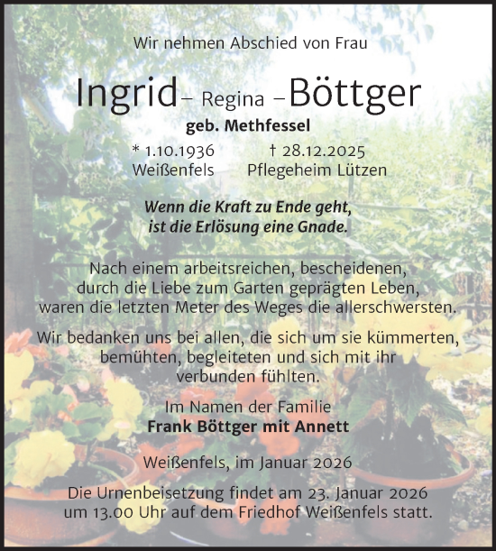 Traueranzeige von Ingrid-Regina Böttger von Trauerkombi Weißenfels