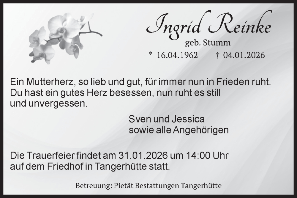  Traueranzeige für Ingrid Reinke vom 24.01.2026 aus Volksstimme Altmark Ost