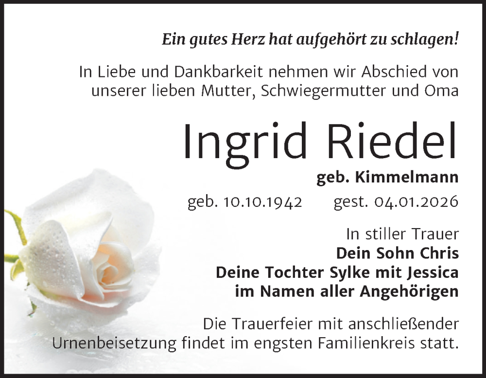  Traueranzeige für Ingrid Riedel vom 24.01.2026 aus Trauerkombi Wittenberg