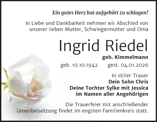 Traueranzeige von Ingrid Riedel von Trauerkombi Wittenberg
