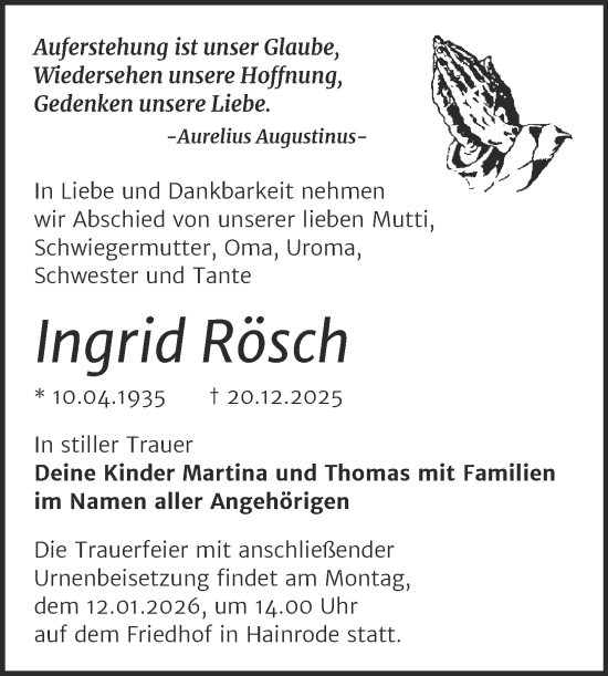 Traueranzeige von Ingrid Rösch von Trauerkombi Sangerhausen