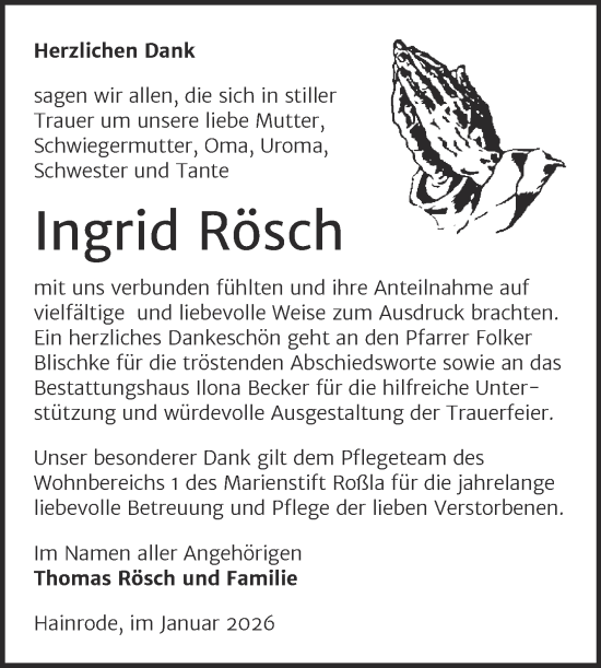 Traueranzeige von Ingrid Rösch von Trauerkombi Sangerhausen