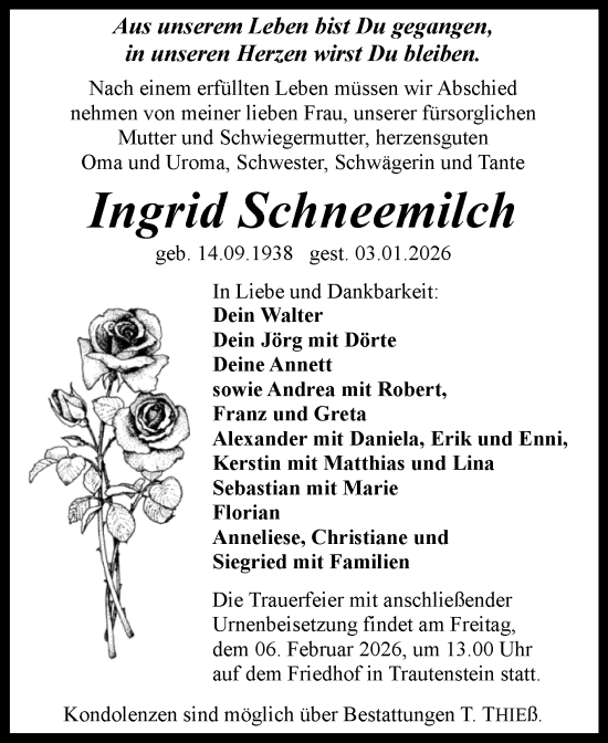Traueranzeige von Ingrid Schneemilch von Volksstimme Wernigerode