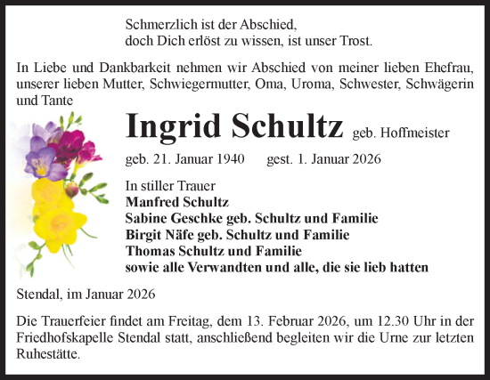 Traueranzeige von Ingrid Schultz von Volksstimme Altmark Ost