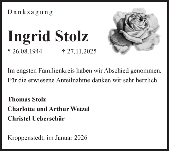 Traueranzeige von Ingrid Stolz von Volksstimme Oschersleben/Wanzleben