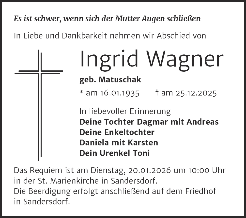  Traueranzeige für Ingrid Wagner vom 10.01.2026 aus Trauerkombi Bitterfeld