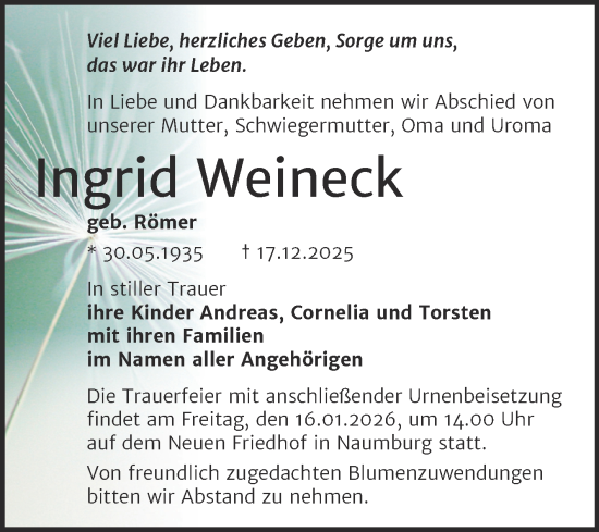 Traueranzeige von Ingrid Weineck von Super Sonntag Naumburg/Nebra