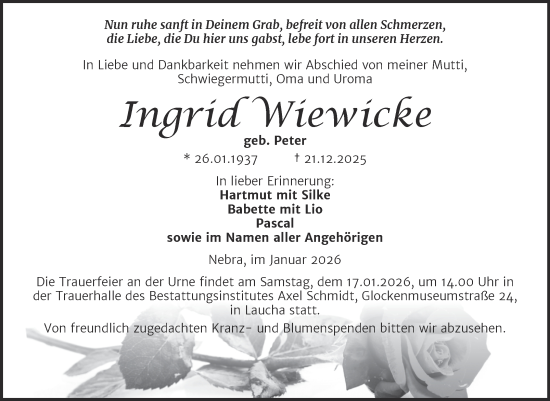 Traueranzeige von Ingrid Wiewicke von Super Sonntag Naumburg/Nebra
