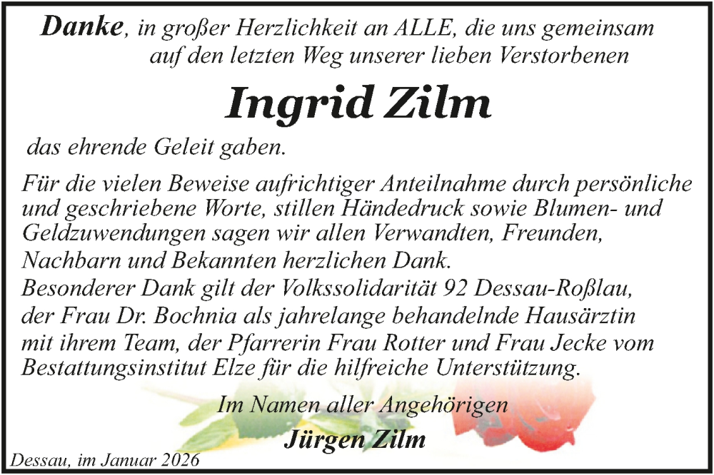  Traueranzeige für Ingrid Zilm vom 17.01.2026 aus Trauerkombi Dessau