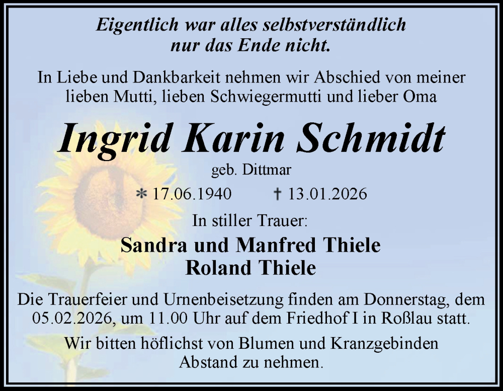  Traueranzeige für Ingrid Karin Schmidt vom 24.01.2026 aus Trauerkombi Dessau