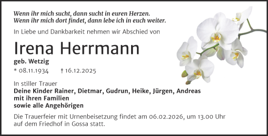 Traueranzeige von Irena Herrmann von Trauerkombi Bitterfeld