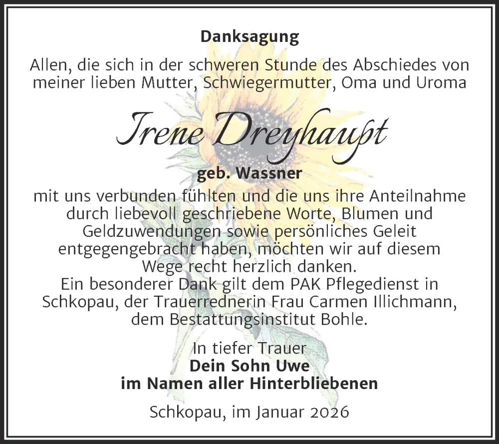  Traueranzeige für Irene Dreyhaupt vom 31.01.2026 aus Trauerkombi Merseburg