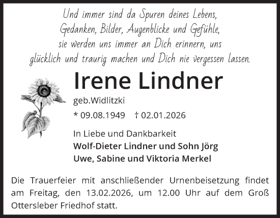 Traueranzeige von Irene Lindner von Volksstimme Magdeburg