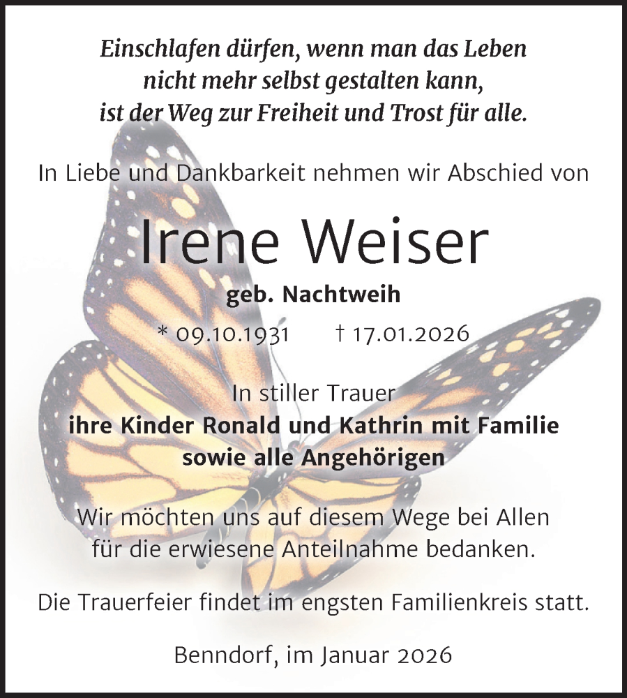 Traueranzeige für Irene Weiser vom 24.01.2026 aus Trauerkombi Mansfelder Land