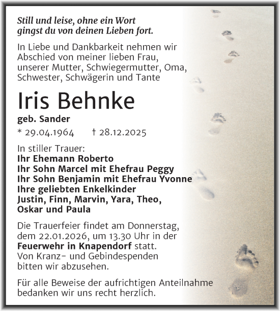 Traueranzeige von Iris Behnke von Trauerkombi Merseburg