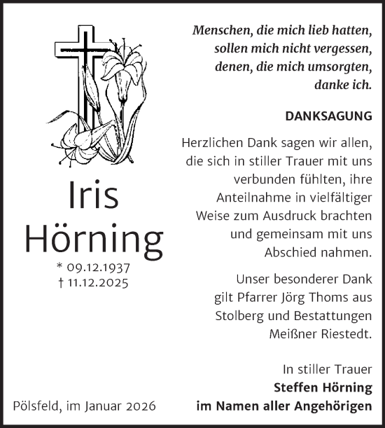 Traueranzeige von Iris Hörning von Trauerkombi Sangerhausen