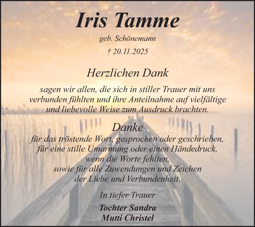  Traueranzeige für Iris Tamme vom 17.01.2026 aus Trauerkombi Dessau