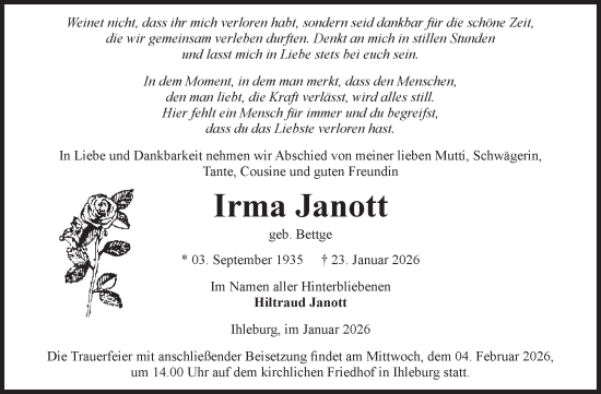 Traueranzeige von Irma Janott von Volksstimme Burg/Genthin