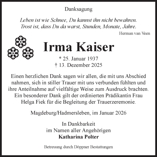 Traueranzeige von Irma Kaiser von Volksstimme Magdeburg