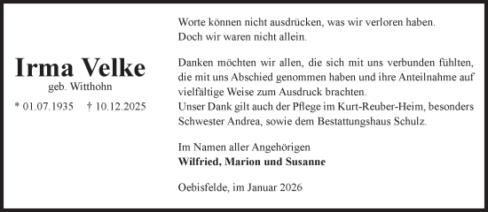 Traueranzeige von Irma Velke von Volksstimme Altmark West