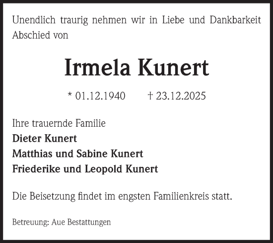 Traueranzeige von Irmela Kunert von Volksstimme Magdeburg