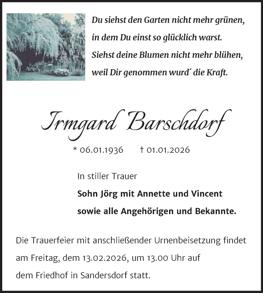  Traueranzeige für Irmgard Barschdorf vom 24.01.2026 aus Trauerkombi Bitterfeld