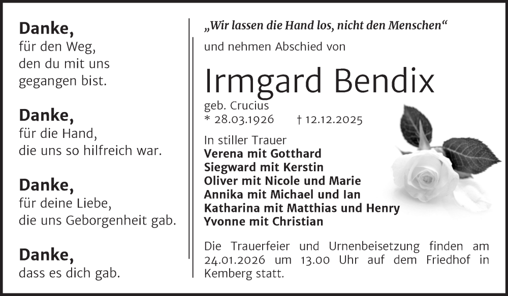  Traueranzeige für Irmgard Bendix vom 10.01.2026 aus Trauerkombi Wittenberg