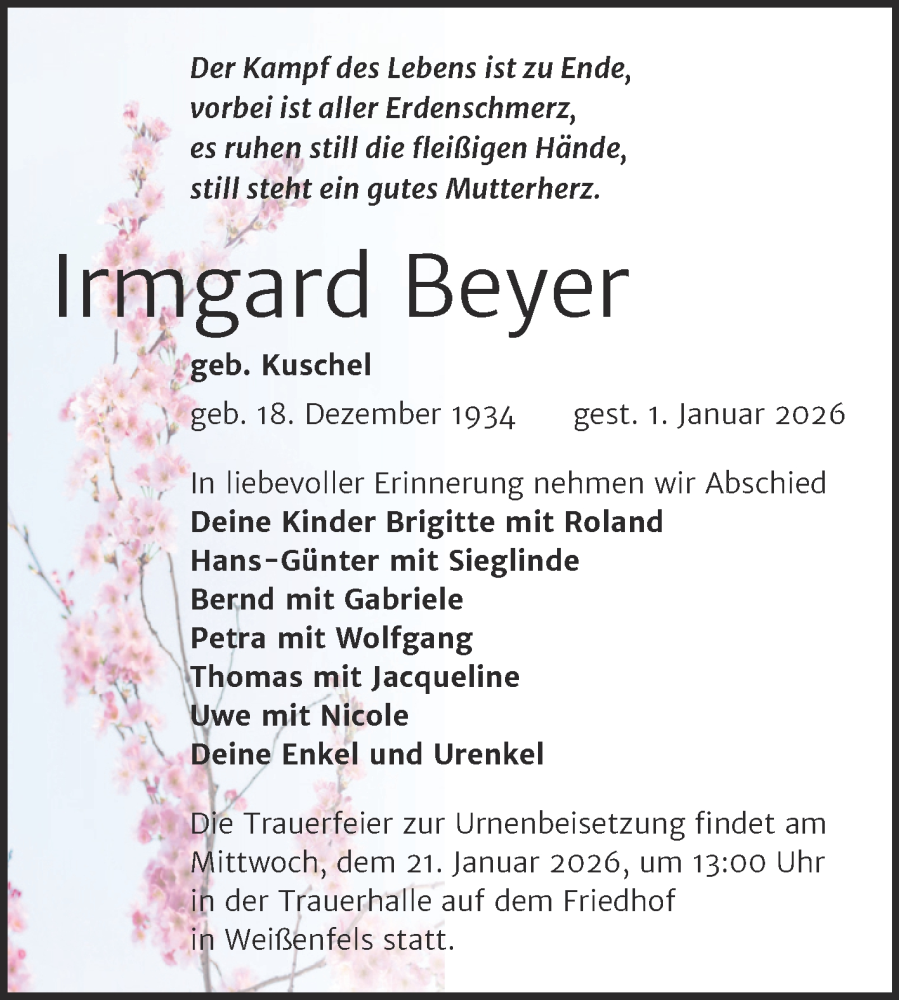  Traueranzeige für Irmgard Beyer vom 17.01.2026 aus Trauerkombi Weißenfels