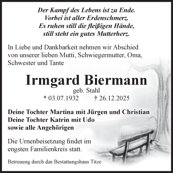 Traueranzeige von Irmgard Biermann von Volksstimme Burg/Genthin